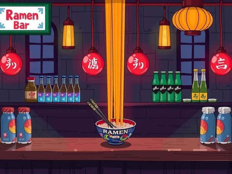 A bustling, beautifully rendered ramen bar from the KAMI game, with steaming bowls and detailed interiors