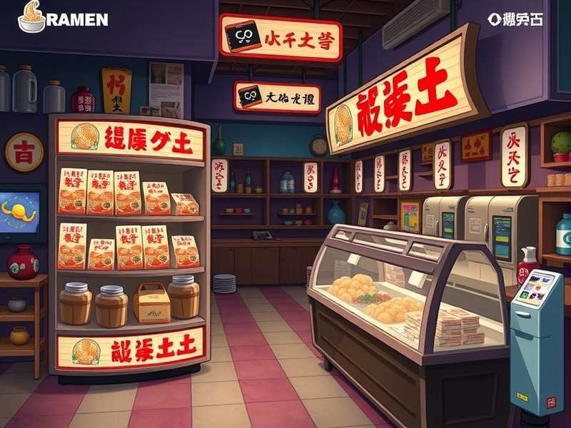 In-game screenshot of the bustling Ramen Shop in KAMI Game, showing counter, kitchen, and customers