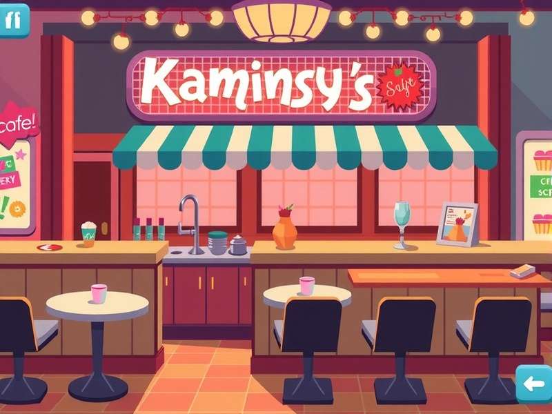 Interior of Kaminsky's Dessert Cafe showing players engaged with KAMI on laptops
