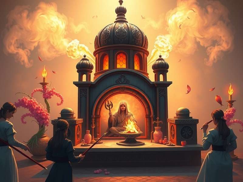 Detailed 3D render of a magical fireplace (Cheminée) from KAMI Game with glowing embers