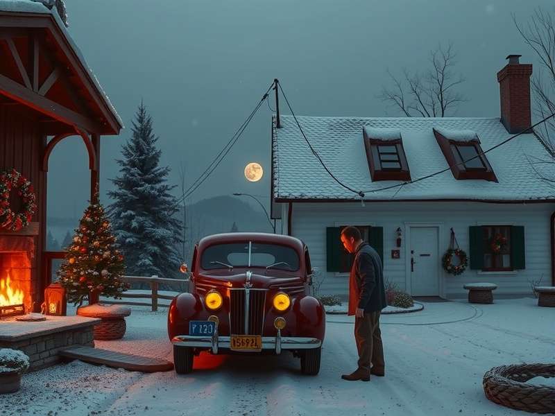 A nostalgic scene of a vintage Christmas living room with a tree and family