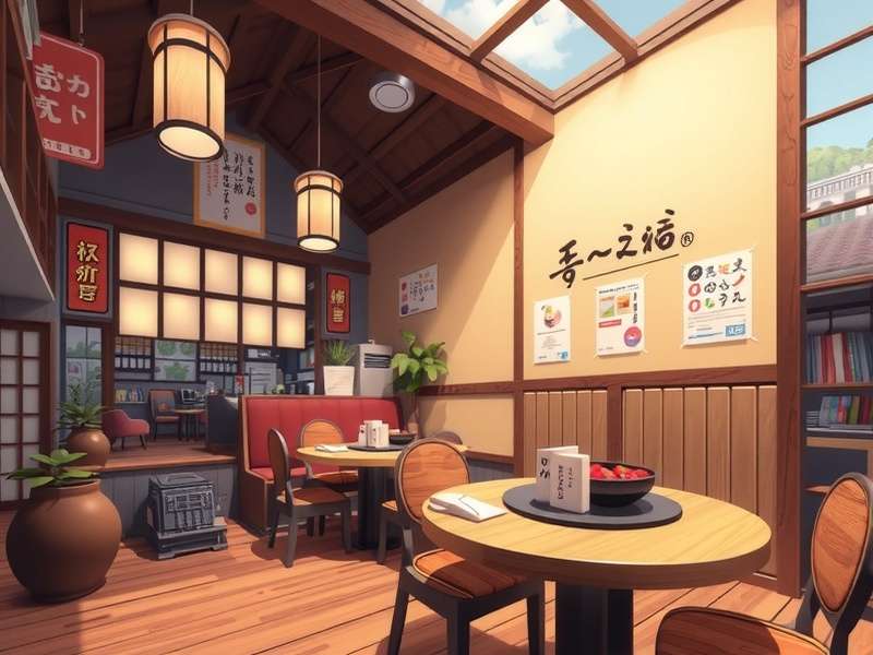 A modern Japanese restaurant interior with KAMI game artwork displayed on digital screens