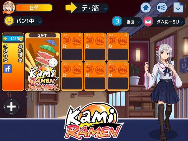 Steaming bowl of virtual Kami Ramen with intricate toppings and game UI elements visible
