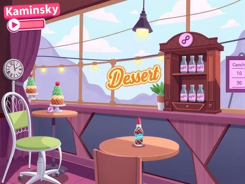Interior of Kaminsky S Dessert Cafe showing game screens and dessert displays