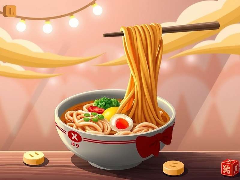 Steaming bowl of ramen noodles with chopsticks, set against a neon gaming backdrop
