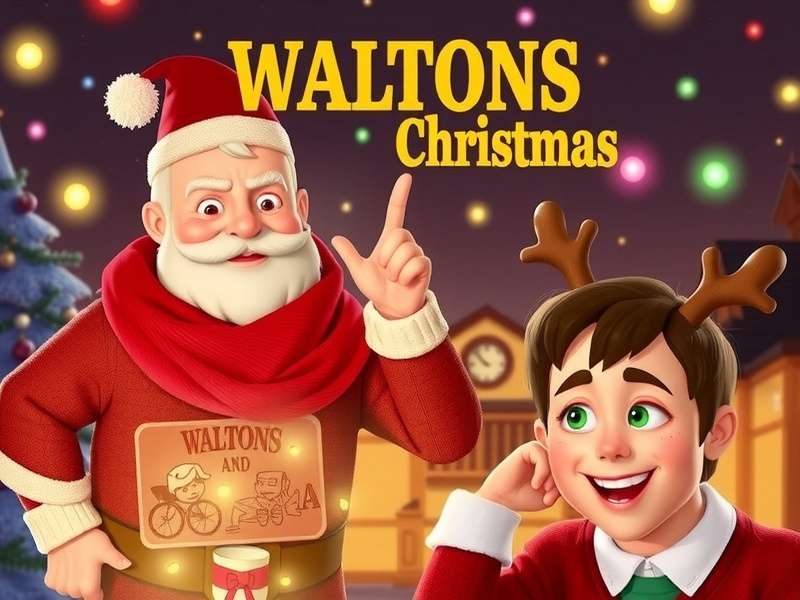 The Walton family gathers around a glowing Christmas tree in their cozy mountain home, snow falling outside the window