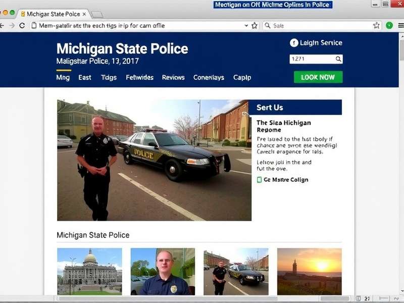 Michigan State Police patrol vehicle parked in front of the MSP headquarters with KAMI game branding overlay