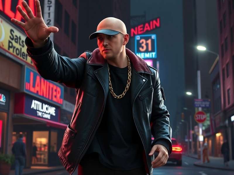 Kamikaze Eminem game cover art showing a Detroit battle cipher with neon lights and microphone silhouette