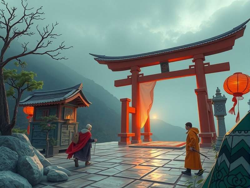 A traditional Japanese torii gate standing at the threshold of a sacred forest, symbolizing the presence of kami.
