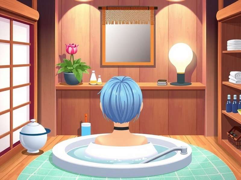 Japanese Hair Spa hidden realm in KAMI Game – sakura waterfall and therapeutic springs